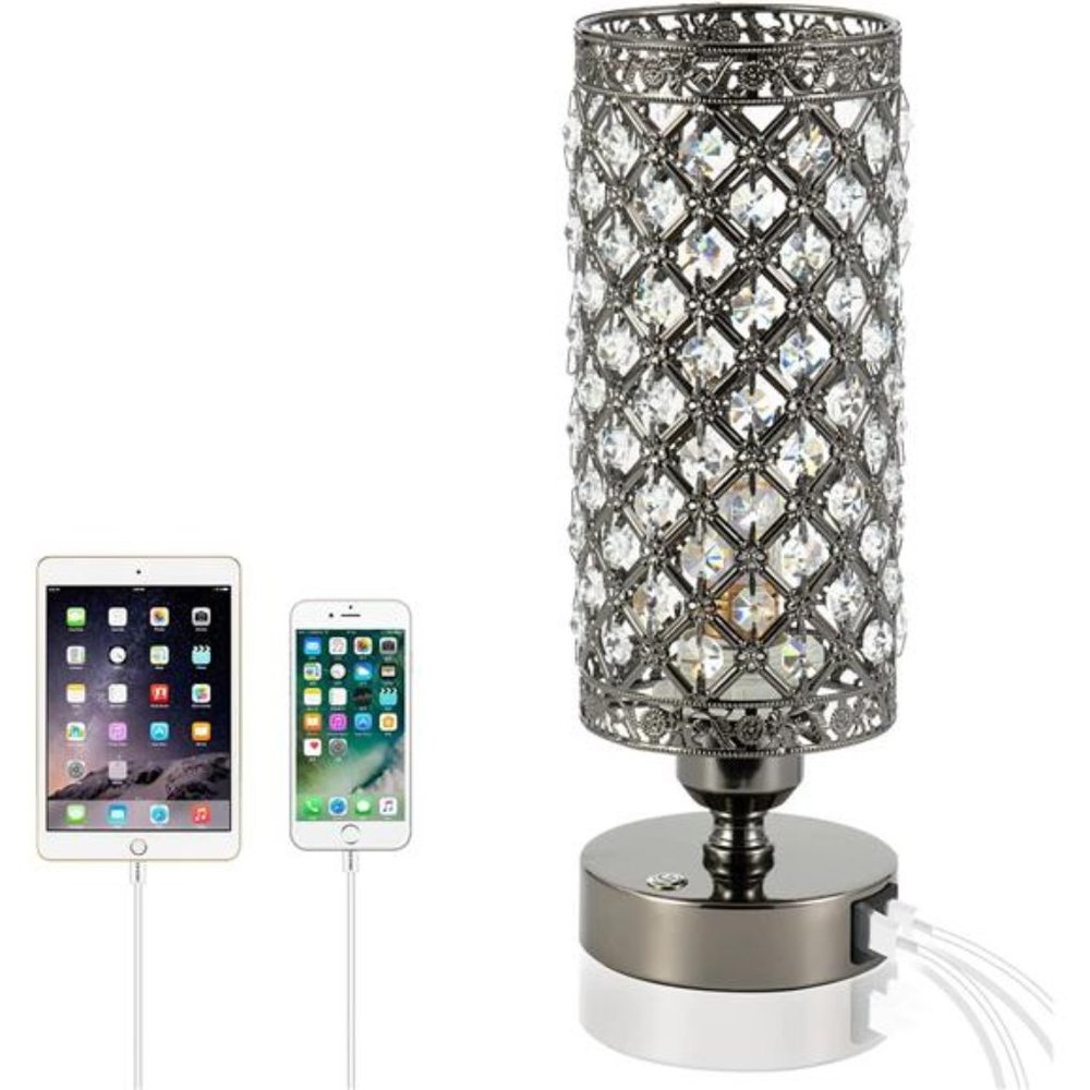 Crystal Bedside Black Table Lamp 3 Color Options Lamps for Bedroom Modern USB